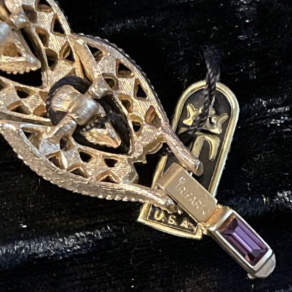 Vintage NWT Rare Crown Trifari Goldtone Pink Purple Rhinestone Bracelet 7” - Picture 13 of 14